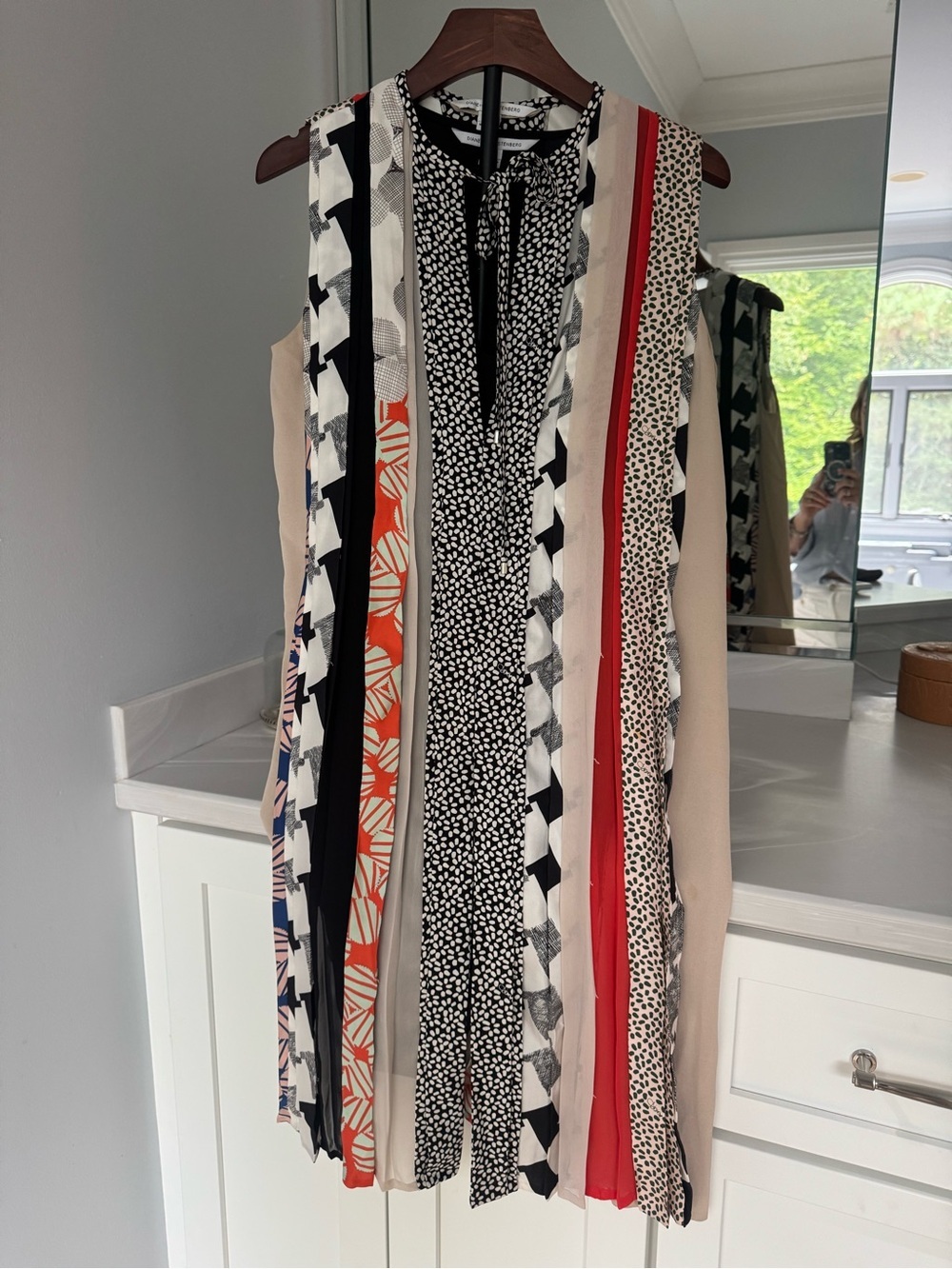 Diane Von Furstenberg Striped Mixed-Print Mini Dress in Black, Beige & Red